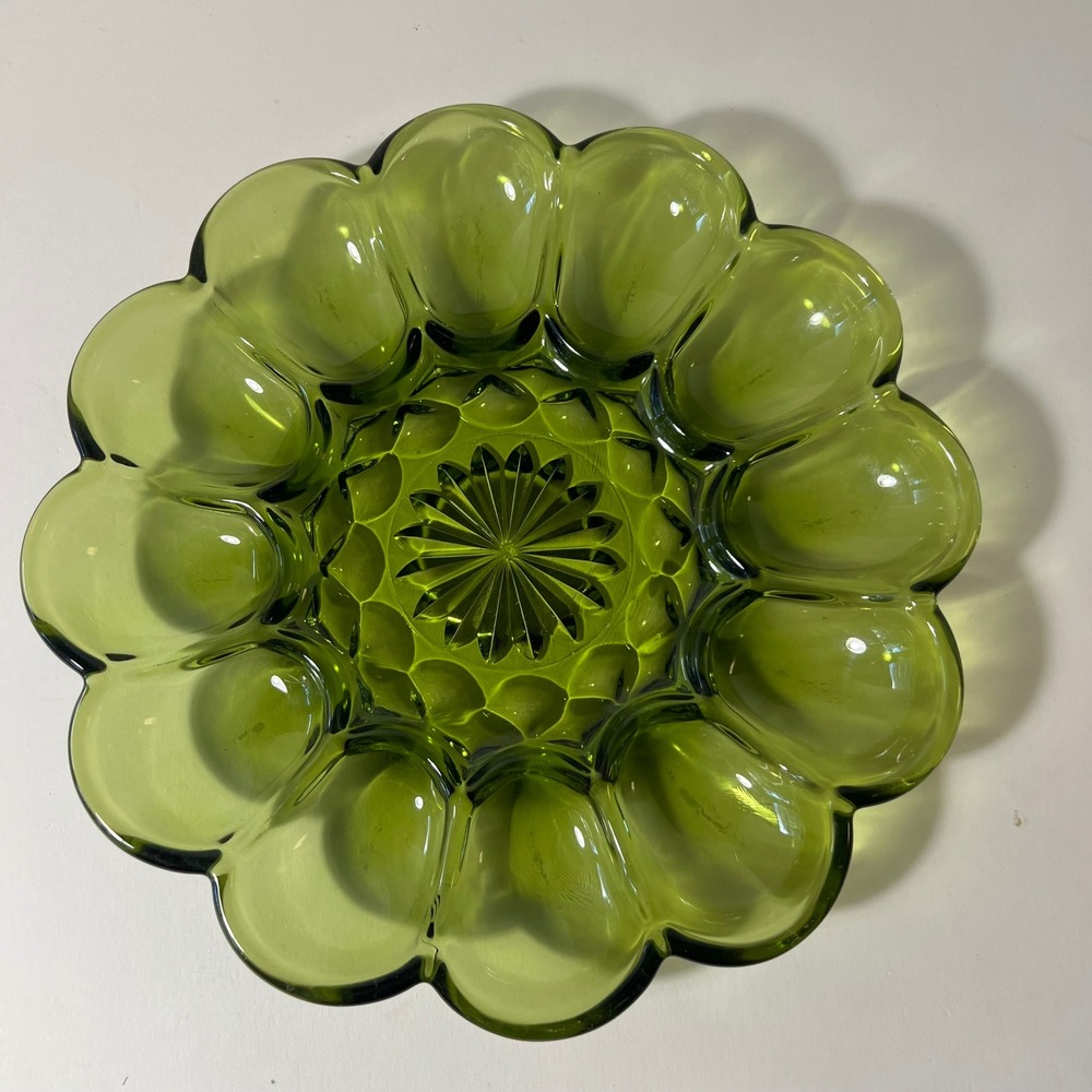 Vintage 70s Anchor Hocking Fairfield Avocado Green Glass Deviled Egg Platter 12